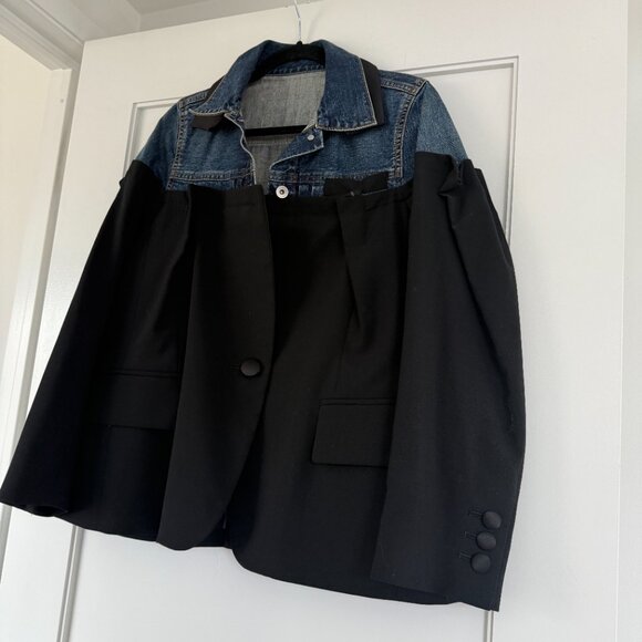 Sacai 21-05517 Mixed Media Blue Denim Jean Jacket Black Wool Sz 1 - Picture 6 of 11